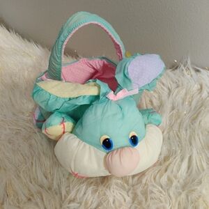 Vintage Pastel Bunny Plush Easter Basket Nylon Parachute Polka Dots Bows 80s